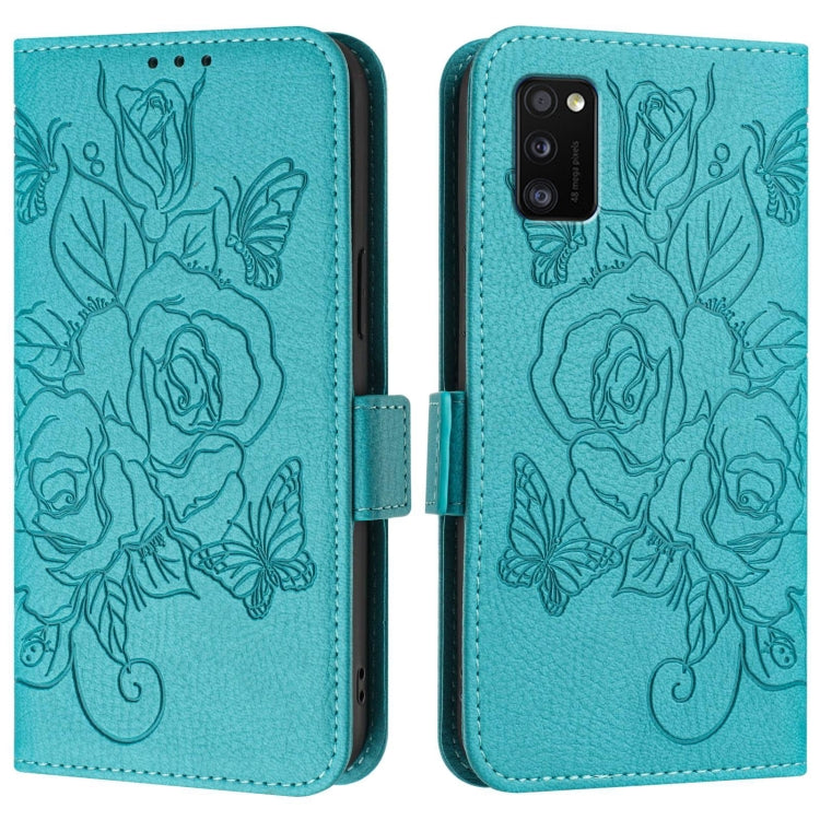 For Samsung Galaxy A41 Embossed Rose RFID Anti-theft Leather Phone Case