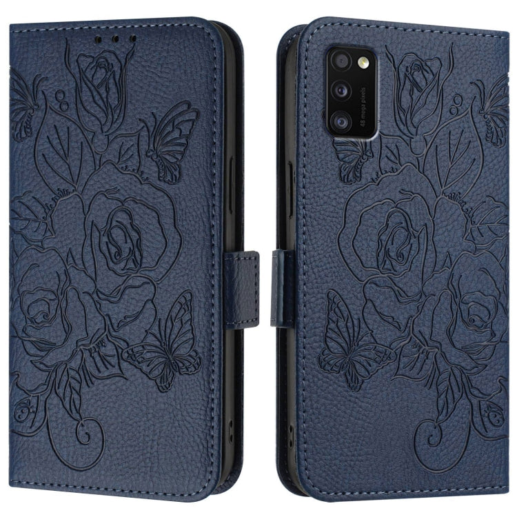 For Samsung Galaxy A41 Embossed Rose RFID Anti-theft Leather Phone Case