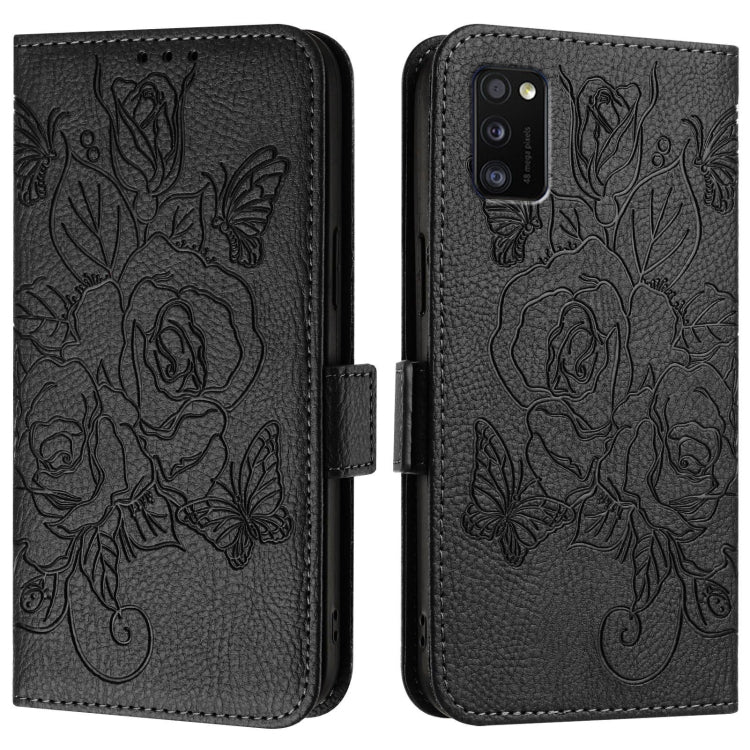 For Samsung Galaxy A41 Embossed Rose RFID Anti-theft Leather Phone Case
