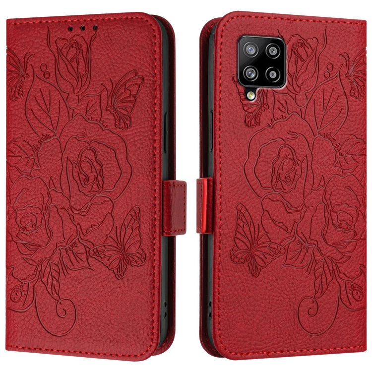 For Samsung Galaxy A42 5G / M42 Embossed Rose RFID Anti-theft Leather Phone Case