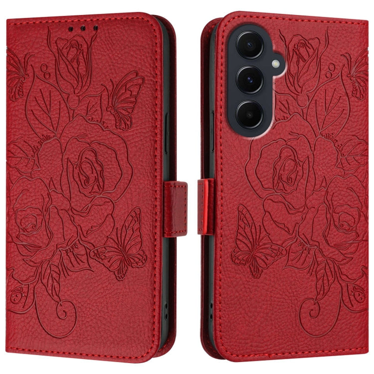For Samsung Galaxy A55 5G Embossed Rose RFID Anti-theft Leather Phone Case
