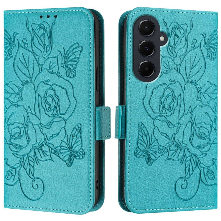 For Samsung Galaxy A55 5G Embossed Rose RFID Anti-theft Leather Phone Case