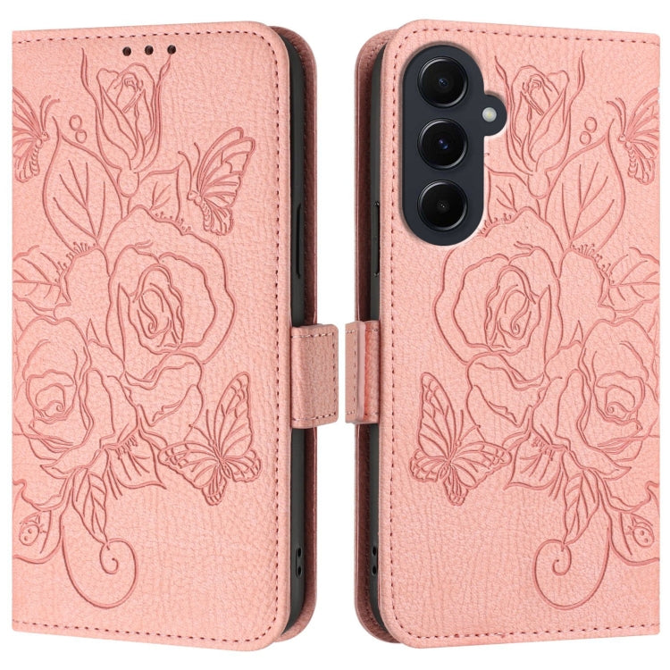 For Samsung Galaxy A55 5G Embossed Rose RFID Anti-theft Leather Phone Case