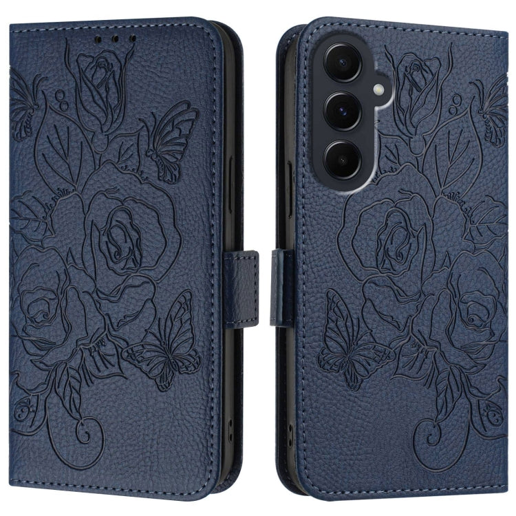 For Samsung Galaxy A55 5G Embossed Rose RFID Anti-theft Leather Phone Case