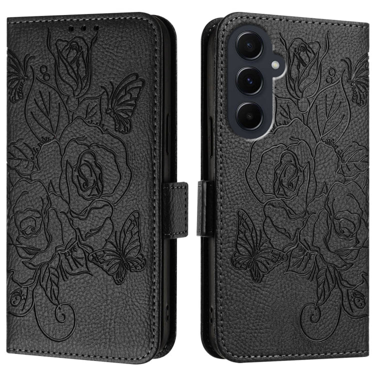 For Samsung Galaxy A55 5G Embossed Rose RFID Anti-theft Leather Phone Case