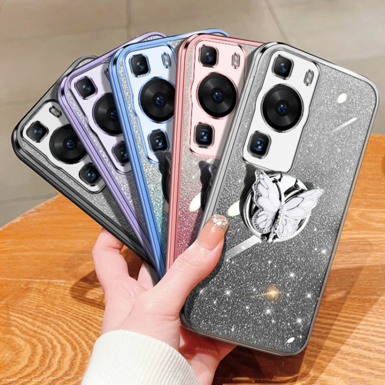 For Huawei P60 Plated Gradient Glitter Butterfly Holder TPU Phone Case