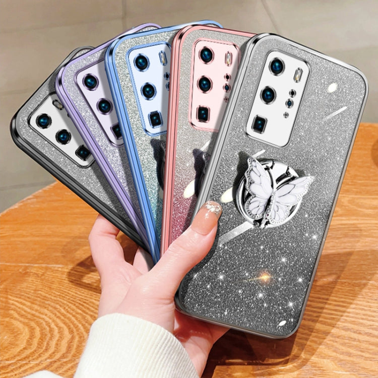 For Huawei P40 Pro Plated Gradient Glitter Butterfly Holder TPU Phone Case