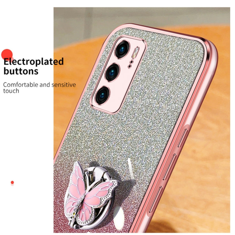 For Huawei P40 Plated Gradient Glitter Butterfly Holder TPU Phone Case
