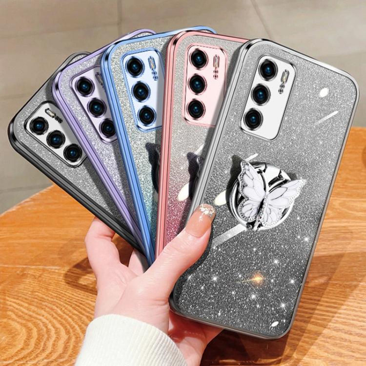 For Huawei P40 Plated Gradient Glitter Butterfly Holder TPU Phone Case