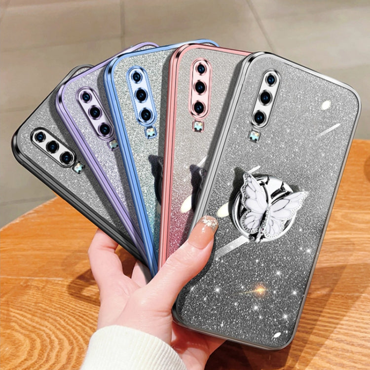 For Huawei P30 Plated Gradient Glitter Butterfly Holder TPU Phone Case