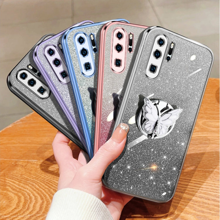 For Huawei P30 Pro Plated Gradient Glitter Butterfly Holder TPU Phone Case