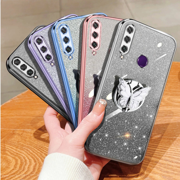 For Huawei Y6p Plated Gradient Glitter Butterfly Holder TPU Phone Case