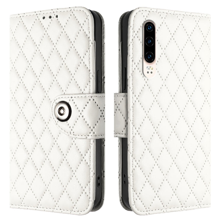 For Huawei P30 Rhombic Texture Flip Leather Phone Case with Lanyard