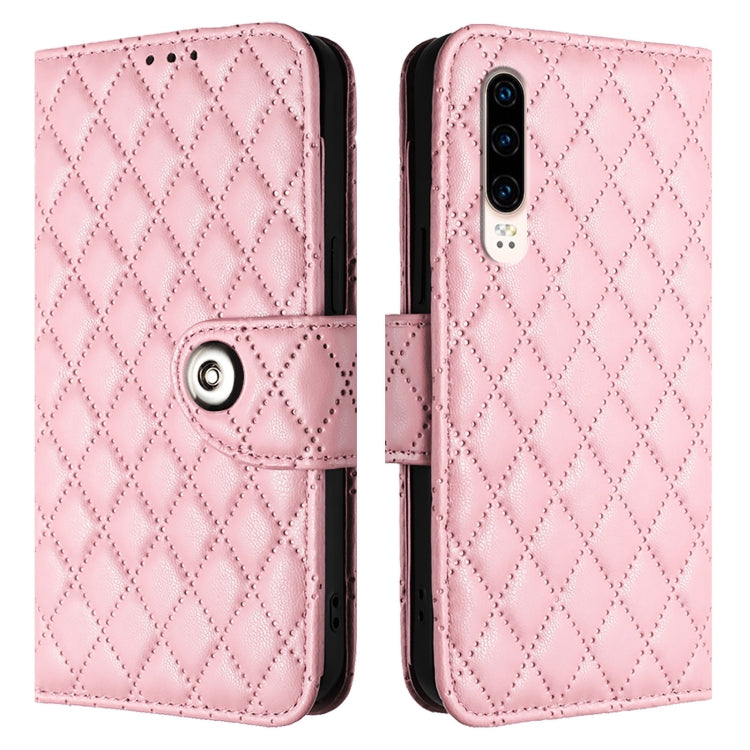 For Huawei P30 Rhombic Texture Flip Leather Phone Case with Lanyard