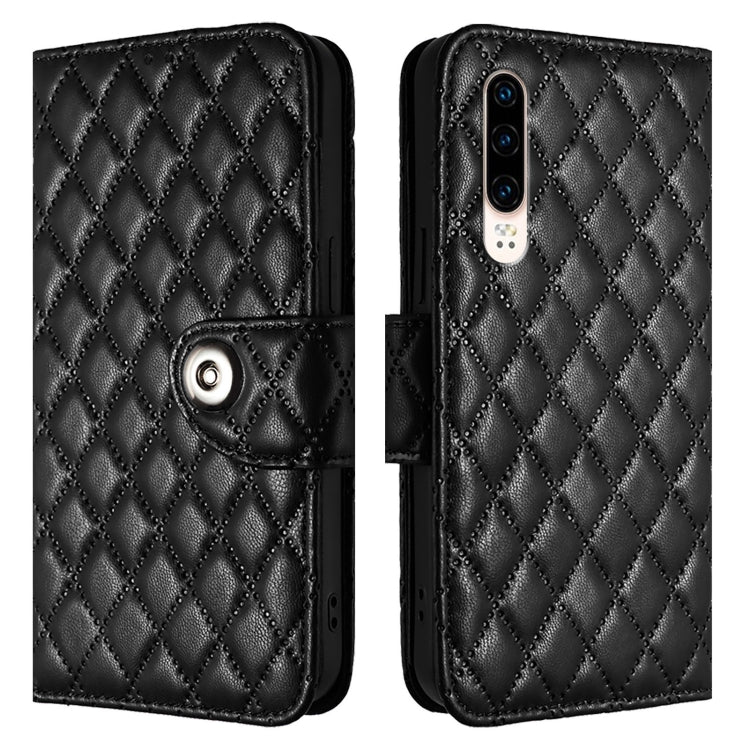 For Huawei P30 Rhombic Texture Flip Leather Phone Case with Lanyard