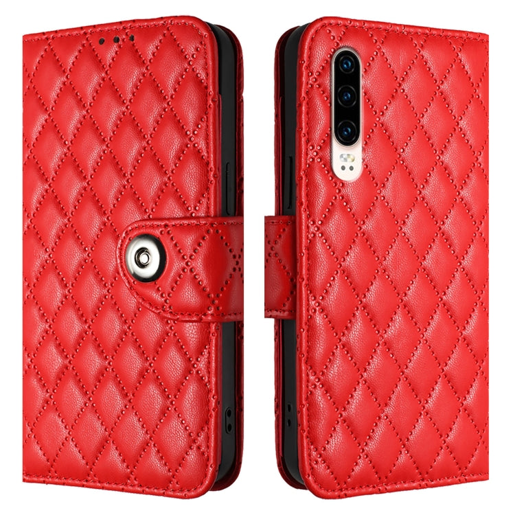 For Huawei P30 Rhombic Texture Flip Leather Phone Case with Lanyard