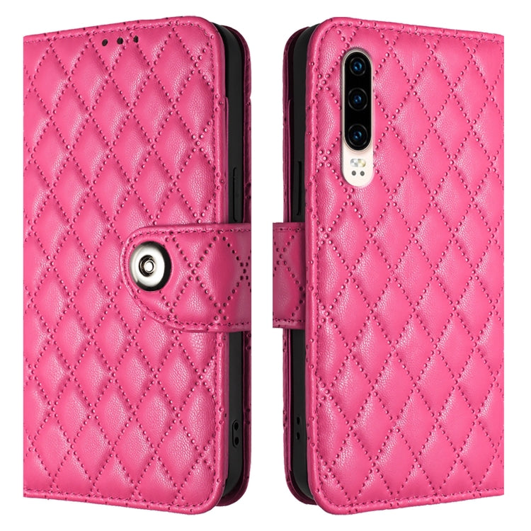 For Huawei P30 Rhombic Texture Flip Leather Phone Case with Lanyard