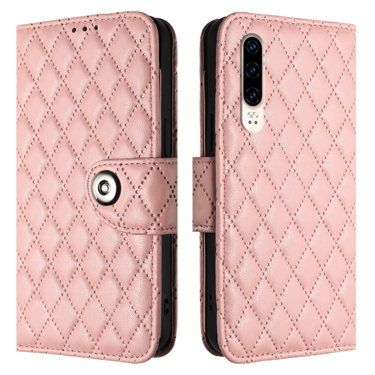 For Huawei P30 Rhombic Texture Flip Leather Phone Case with Lanyard