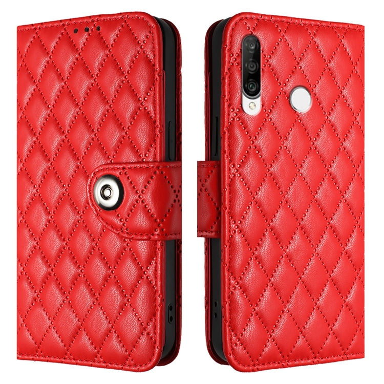 For Huawei P30 lite / nova 4e Rhombic Texture Flip Leather Phone Case with Lanyard