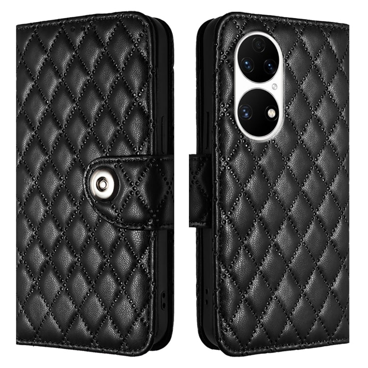 For Huawei P50 Rhombic Texture Flip Leather Phone Case with Lanyard