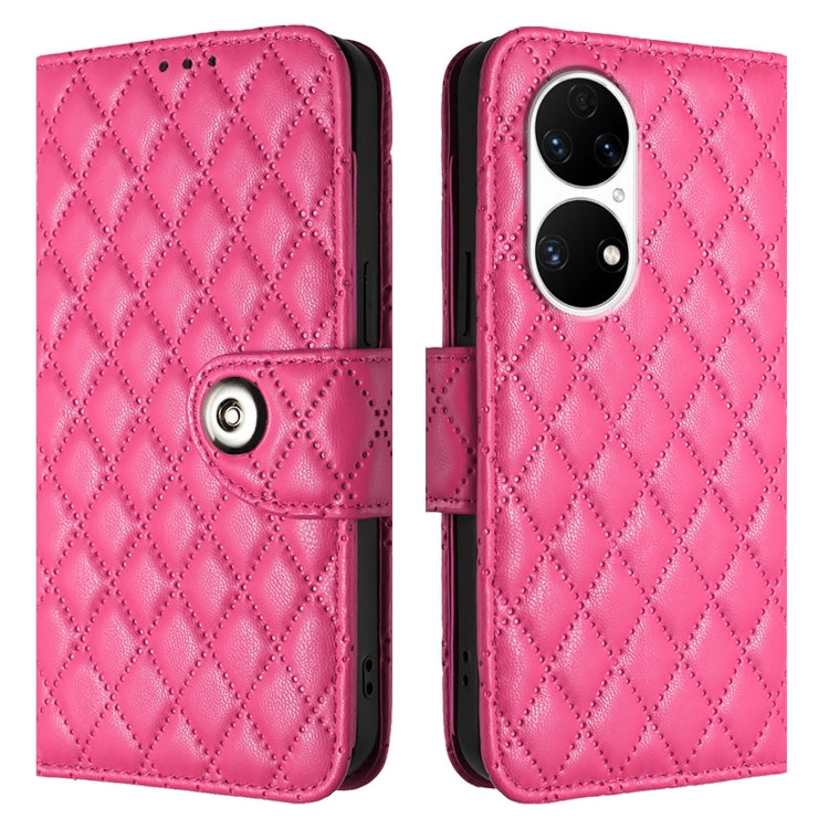 For Huawei P50 Rhombic Texture Flip Leather Phone Case with Lanyard