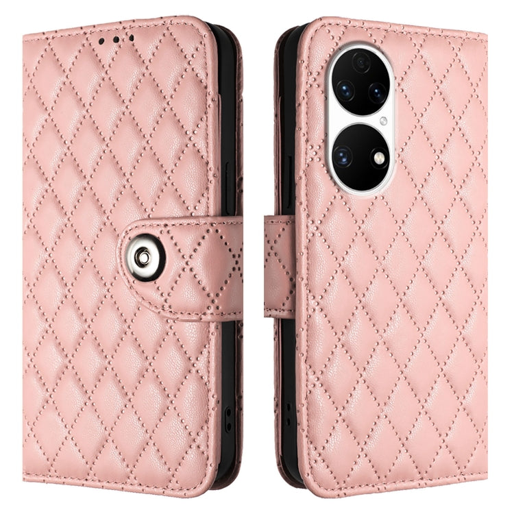 For Huawei P50 Rhombic Texture Flip Leather Phone Case with Lanyard