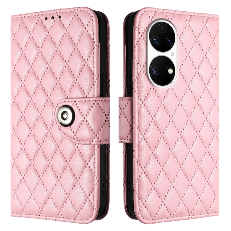 For Huawei P50 Pro Rhombic Texture Flip Leather Phone Case with Lanyard