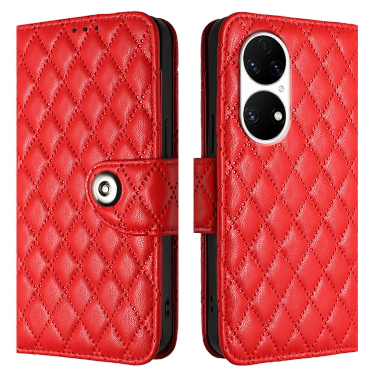 For Huawei P50 Pro Rhombic Texture Flip Leather Phone Case with Lanyard