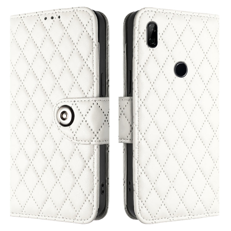 For Huawei Enjoy 10 Plus Rhombic Texture Flip Leather Phone Case with Lanyard