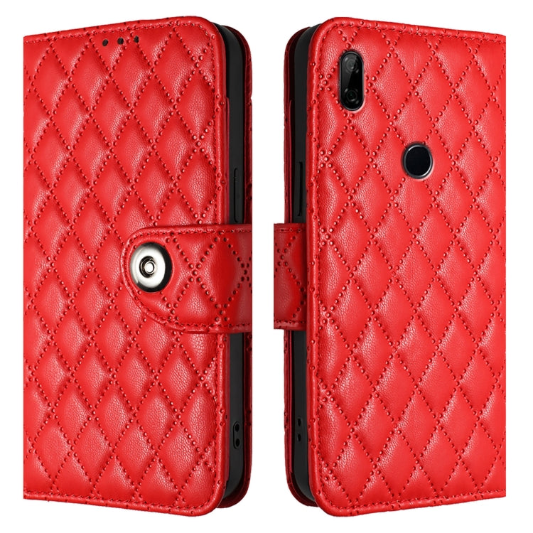 For Huawei Enjoy 10 Plus Rhombic Texture Flip Leather Phone Case with Lanyard