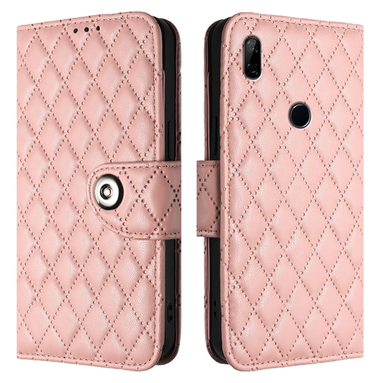 For Huawei Enjoy 10 Plus Rhombic Texture Flip Leather Phone Case with Lanyard
