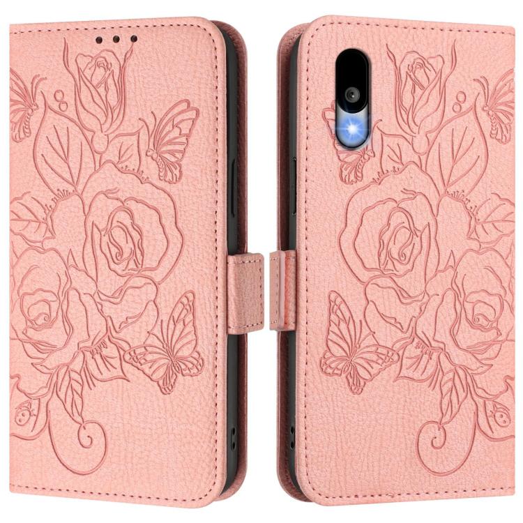 For Sharp Basio Active3 Embossed Rose RFID Anti-theft Leather Phone Case