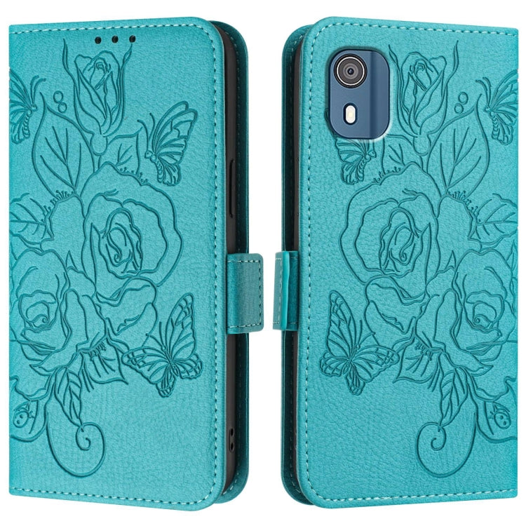 For Nokia C02 Embossed Rose RFID Anti-theft Leather Phone Case