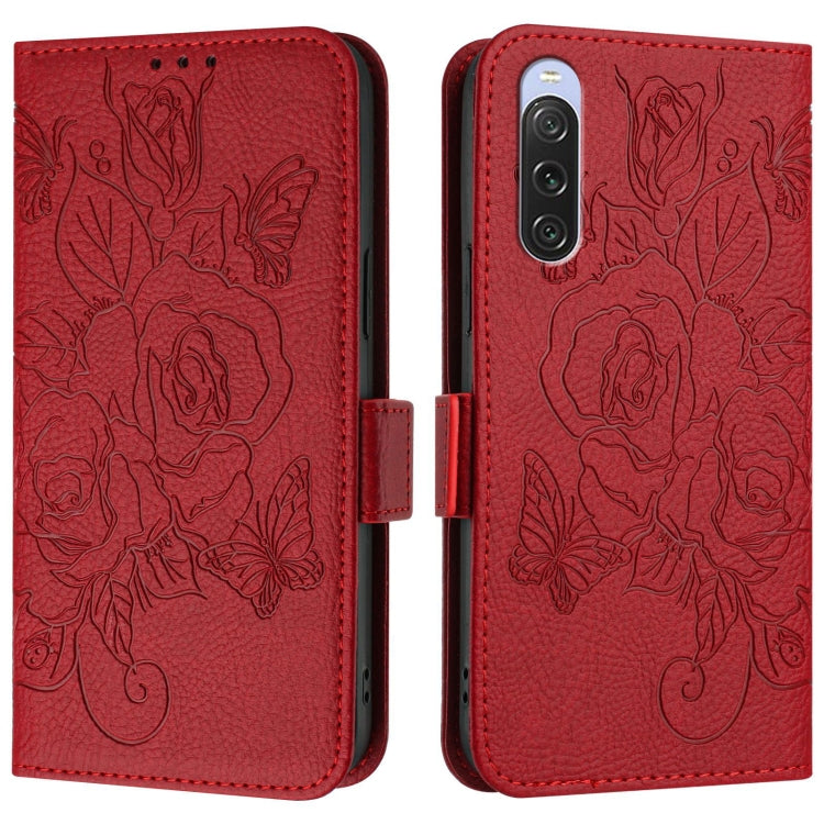 For Sony Xperia 10 V 4G Embossed Rose RFID Anti-theft Leather Phone Case