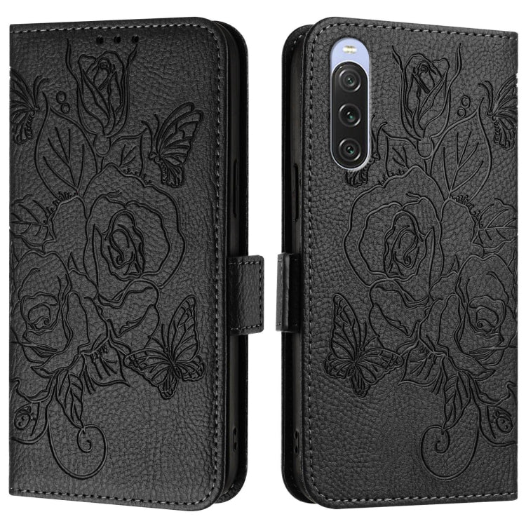 For Sony Xperia 10 V 4G Embossed Rose RFID Anti-theft Leather Phone Case