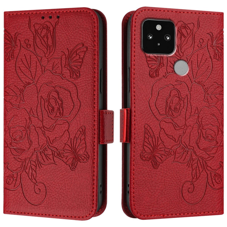 For Google Pixel 5 Embossed Rose RFID Anti-theft Leather Phone Case