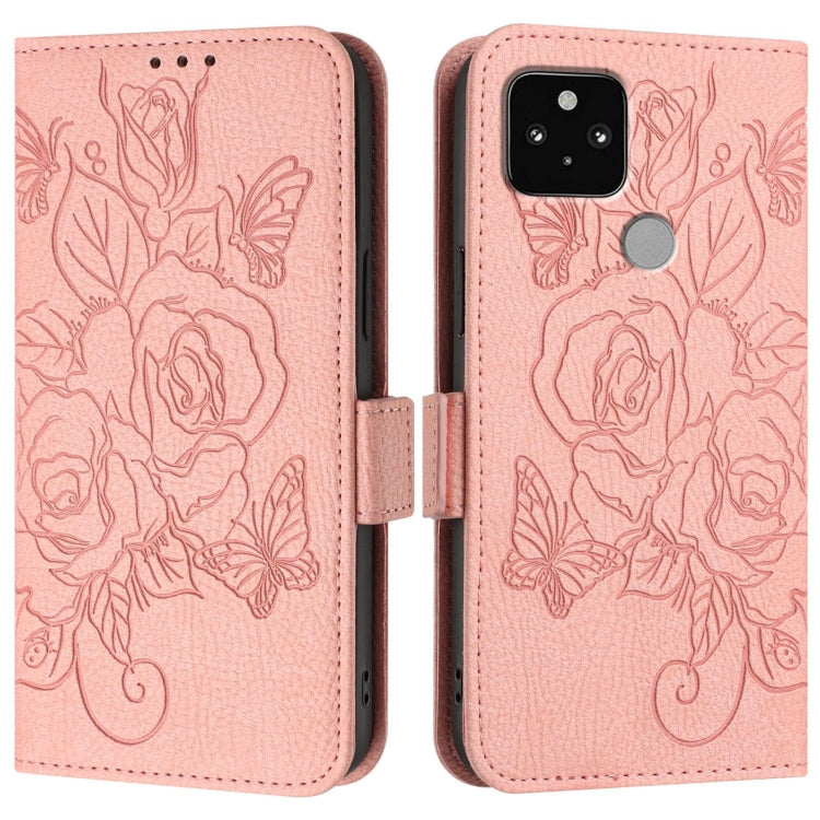 For Google Pixel 5 Embossed Rose RFID Anti-theft Leather Phone Case