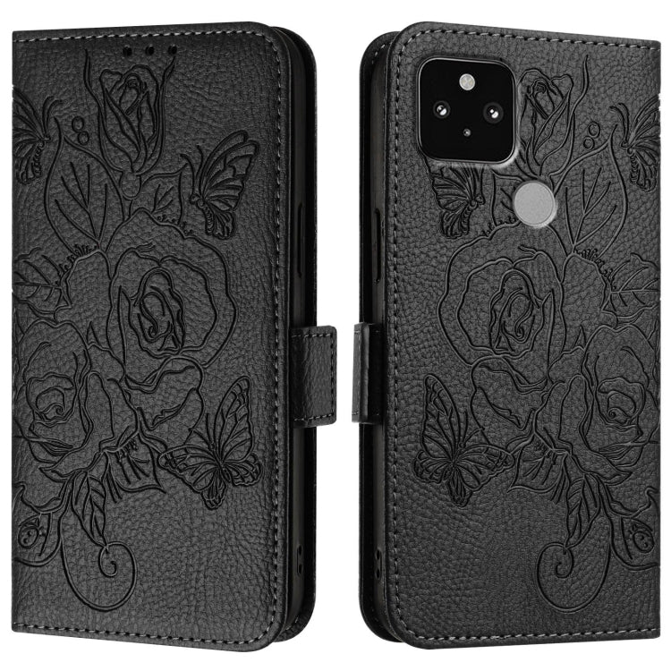 For Google Pixel 5 Embossed Rose RFID Anti-theft Leather Phone Case