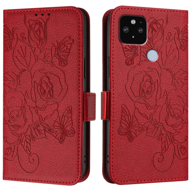 For Google Pixel 5 XL / 4a 5G Embossed Rose RFID Anti-theft Leather Phone Case