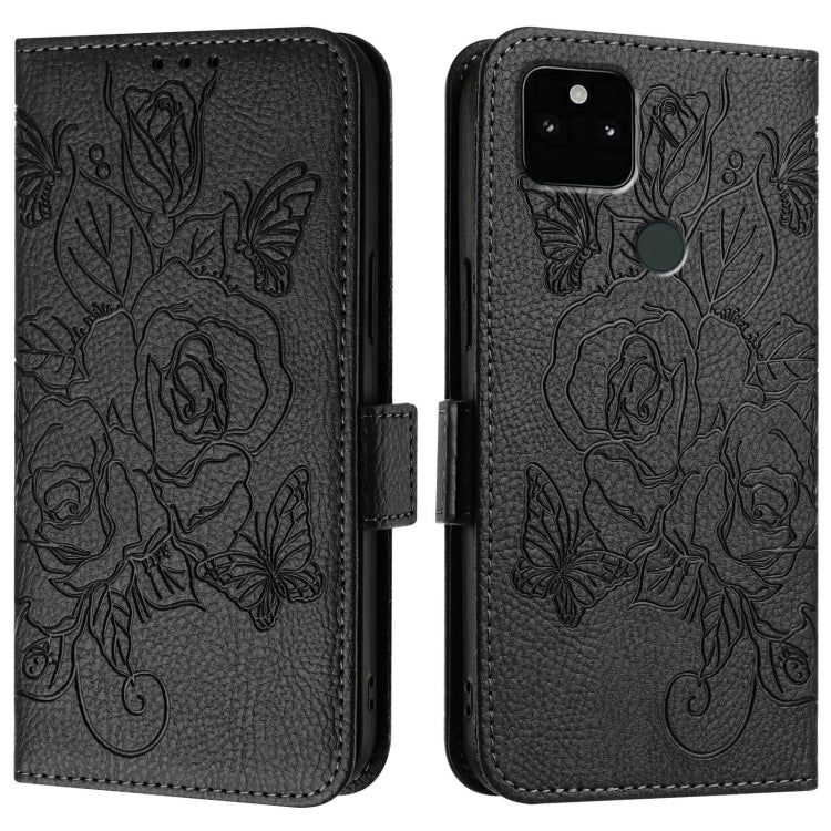 For Google Pixel 5a Embossed Rose RFID Anti-theft Leather Phone Case