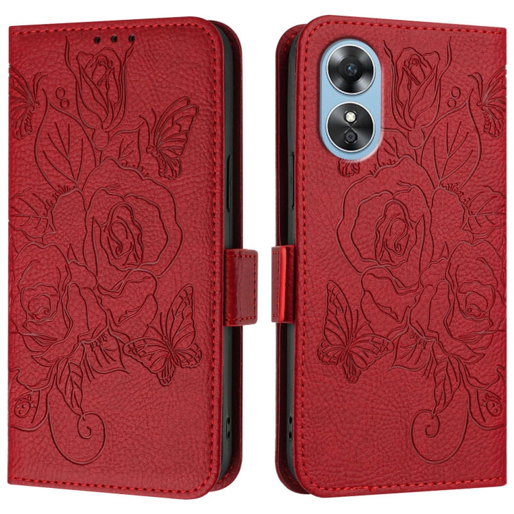 For OPPO A17 4G Global / A17k Embossed Rose RFID Anti-theft Leather Phone Case
