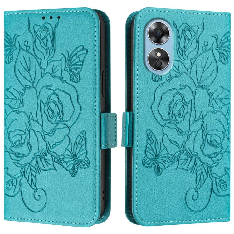 For OPPO A17 4G Global / A17k Embossed Rose RFID Anti-theft Leather Phone Case