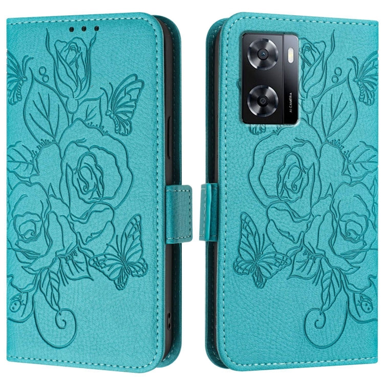 For OPPO A57s 4G / A57e 4G / A77s 4G Embossed Rose RFID Anti-theft Leather Phone Case