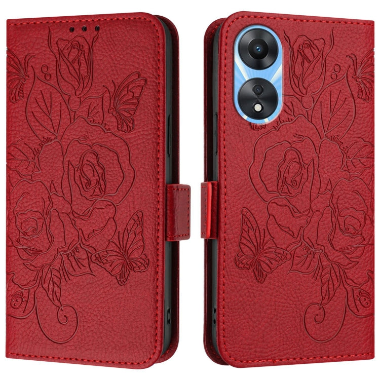 For OPPO A78 5G / A1x 5G Embossed Rose RFID Anti-theft Leather Phone Case