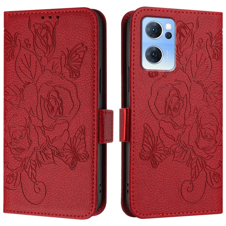 For OPPO Reno7 5G Global / Find X5 Lite Embossed Rose RFID Anti-theft Leather Phone Case