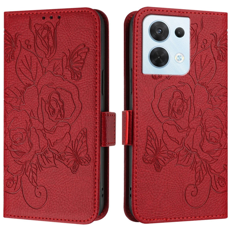 For OPPO Reno8 5G Global Embossed Rose RFID Anti-theft Leather Phone Case
