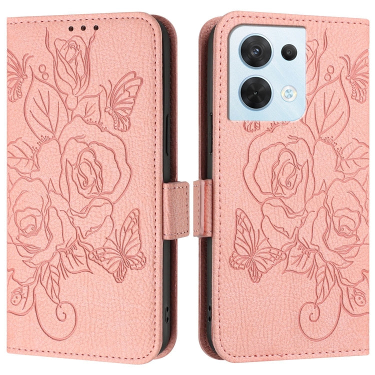 For OPPO Reno8 5G Global Embossed Rose RFID Anti-theft Leather Phone Case
