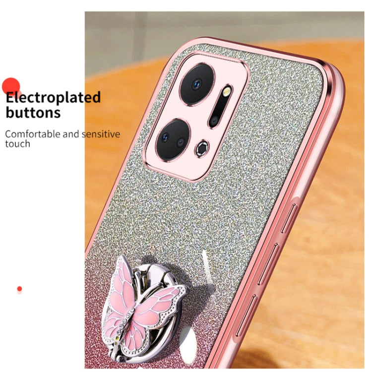 For Honor X7a Plated Gradient Glitter Butterfly Holder TPU Phone Case