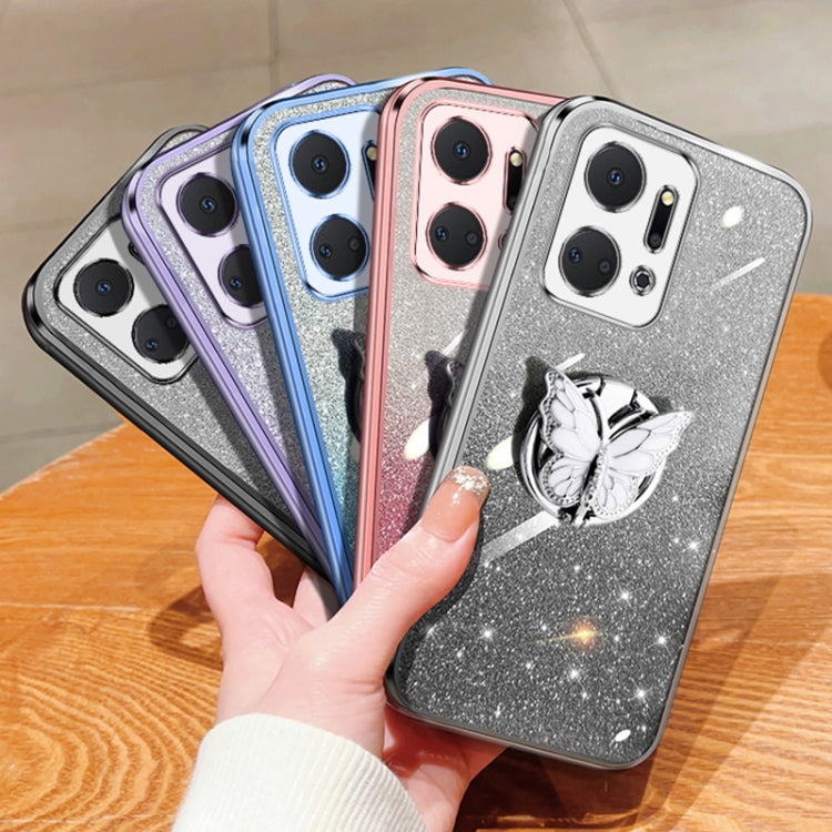 For Honor X7a Plated Gradient Glitter Butterfly Holder TPU Phone Case