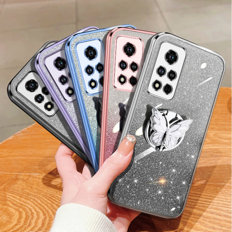 For Honor V40 Plated Gradient Glitter Butterfly Holder TPU Phone Case